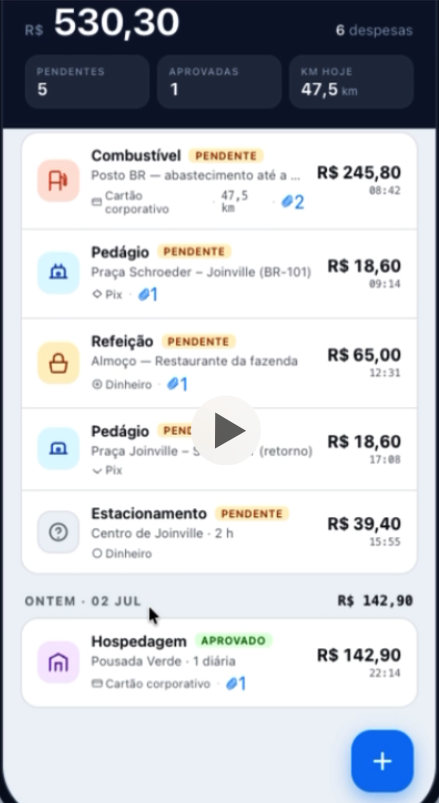 Lista de despesas lançadas na inspeção no app do perito uInspect, cada uma com valor e tipo.