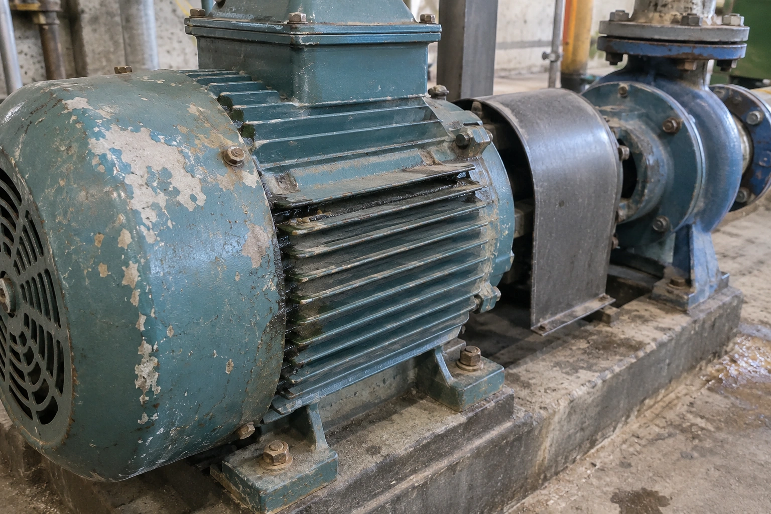 Motor de oficina com desgaste na pintura, parafusos usados e resíduos visíveis, visto de perto