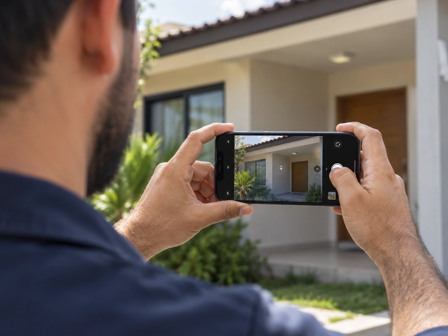 Vistoriador fotografa a fachada do imóvel durante uma vistoria imobiliária