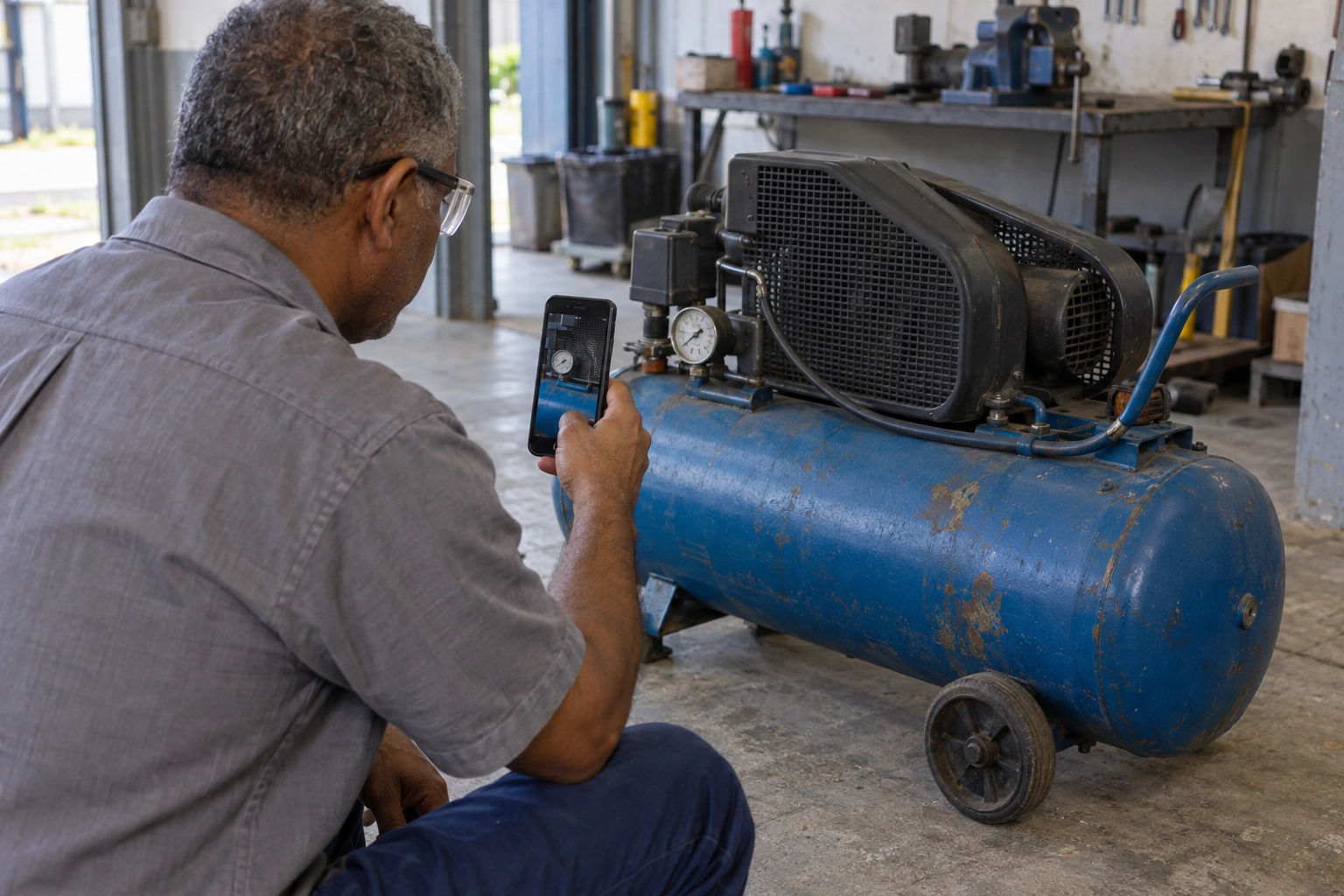 Profissional registrando com o celular um manômetro e componentes de um compressor em uma oficina