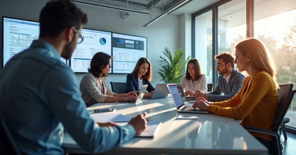 Equipe grande realizando inspeções remotas com dispositivos móveis e laptops em ambiente corporativo moderno