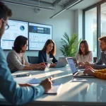Equipe grande realizando inspeções remotas com dispositivos móveis e laptops em ambiente corporativo moderno